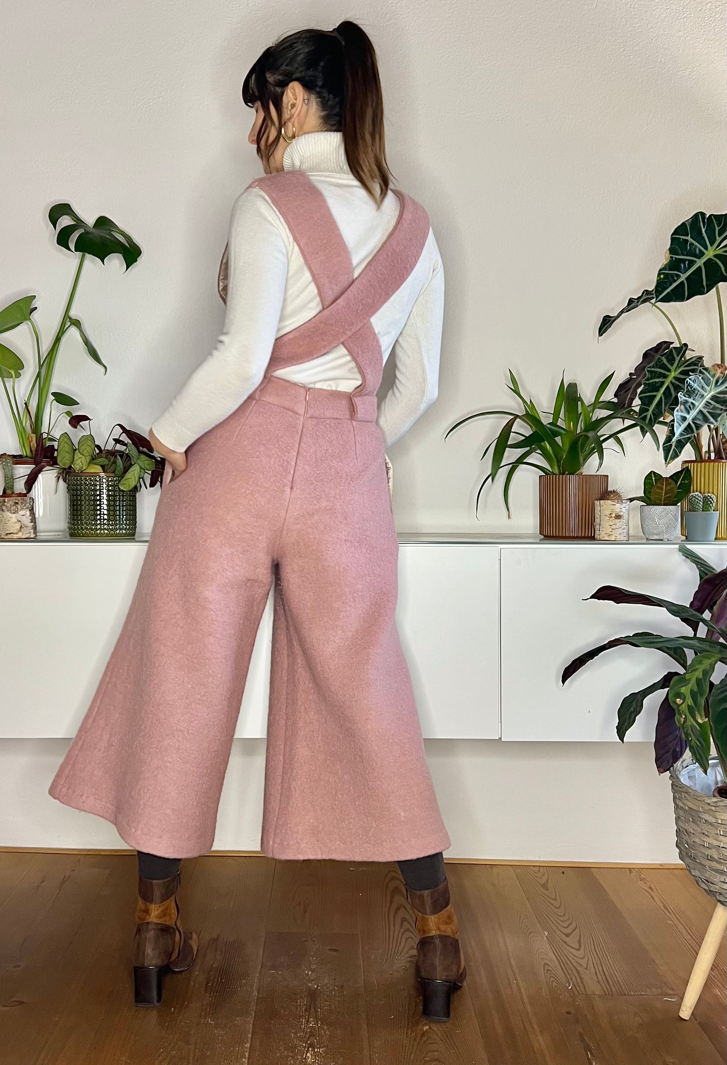 Light pink wool flare leg jumpsuit