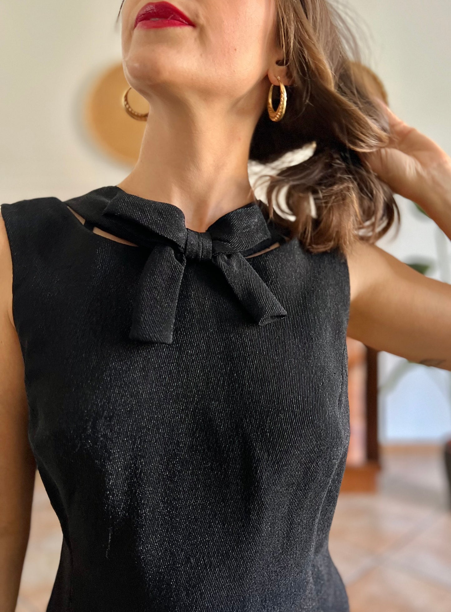 1970's vintage textured black metallic midi dress with bow detail