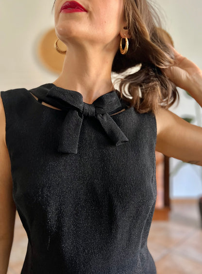 1970's vintage textured black metallic midi dress with bow detail