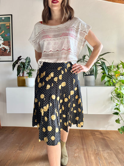 1970's vintage black and white polkadot pleated silk midi skirt with coin motif