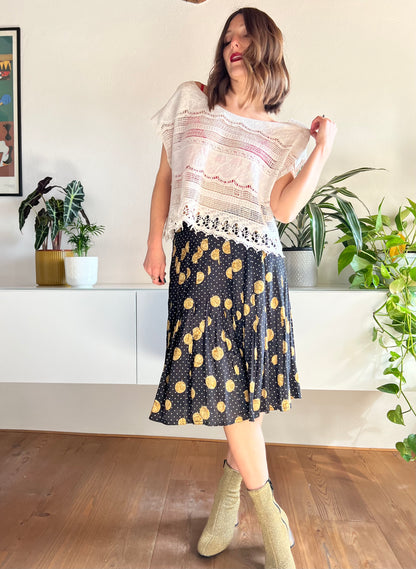 1970's vintage black and white polkadot pleated silk midi skirt with coin motif