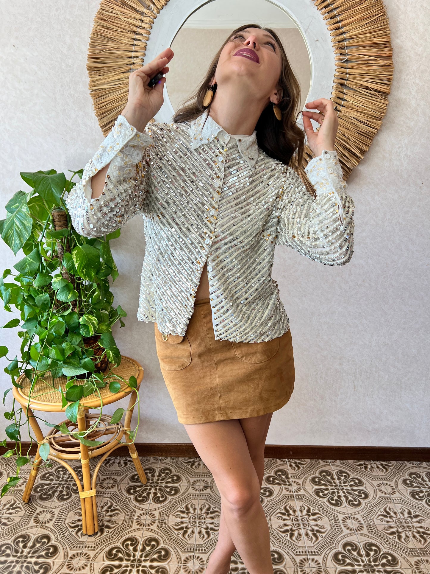 1990's vintage silver and gold sequin blouse with glass bead details