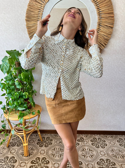 1990's vintage silver and gold sequin blouse with glass bead details