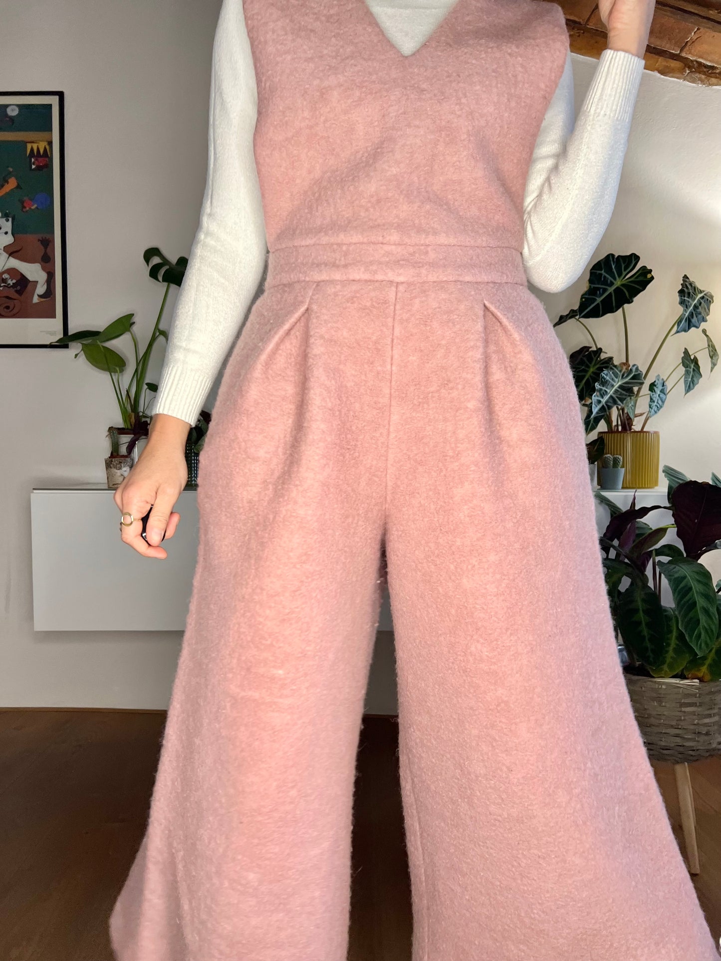 Light pink wool flare leg jumpsuit