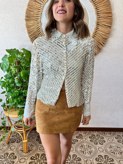 1990's vintage silver and gold sequin blouse with glass bead details