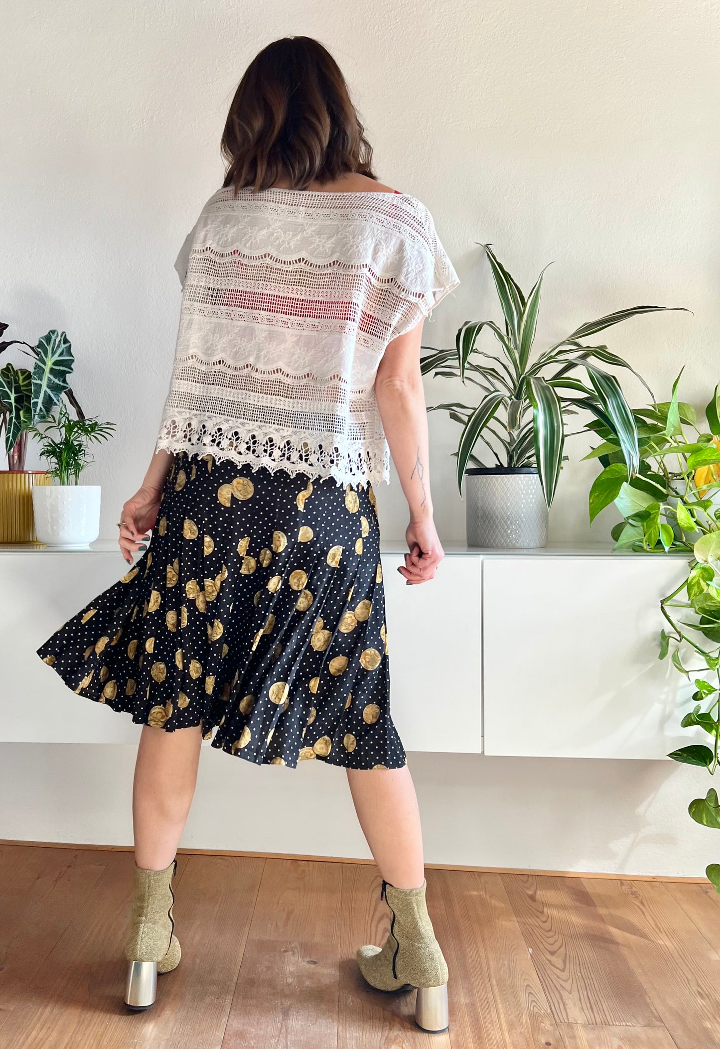 1970's vintage black and white polkadot pleated silk midi skirt with coin motif