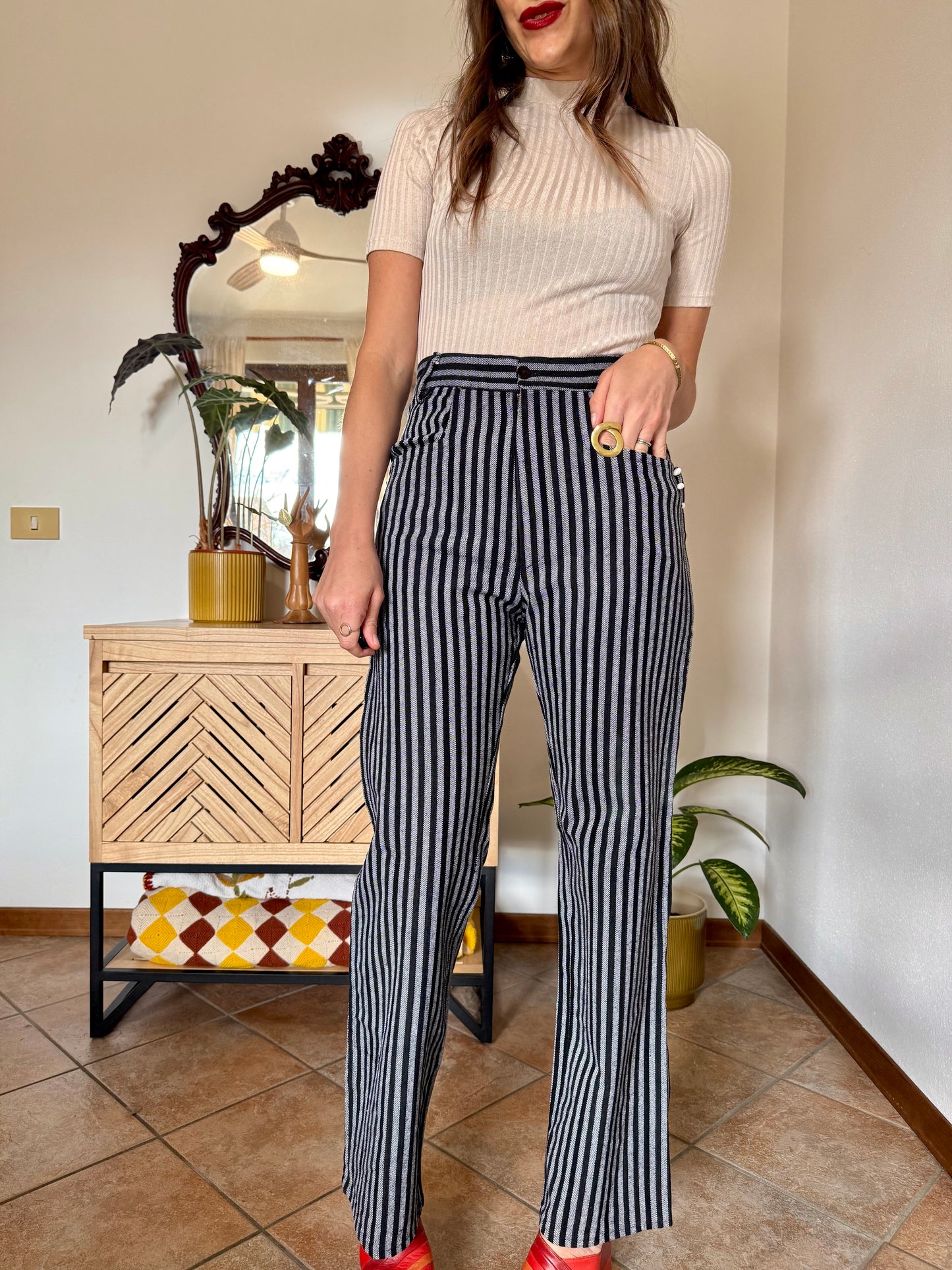 1970's vintage black and white vertical stripe wide leg trousers