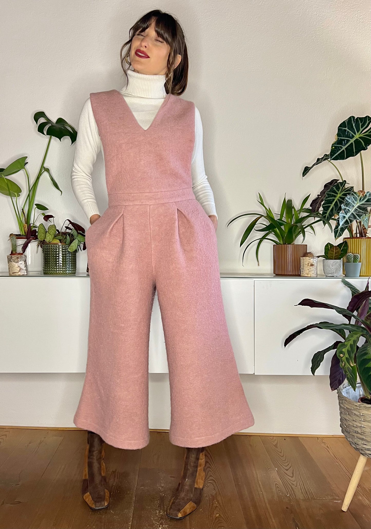 Light pink wool flare leg jumpsuit