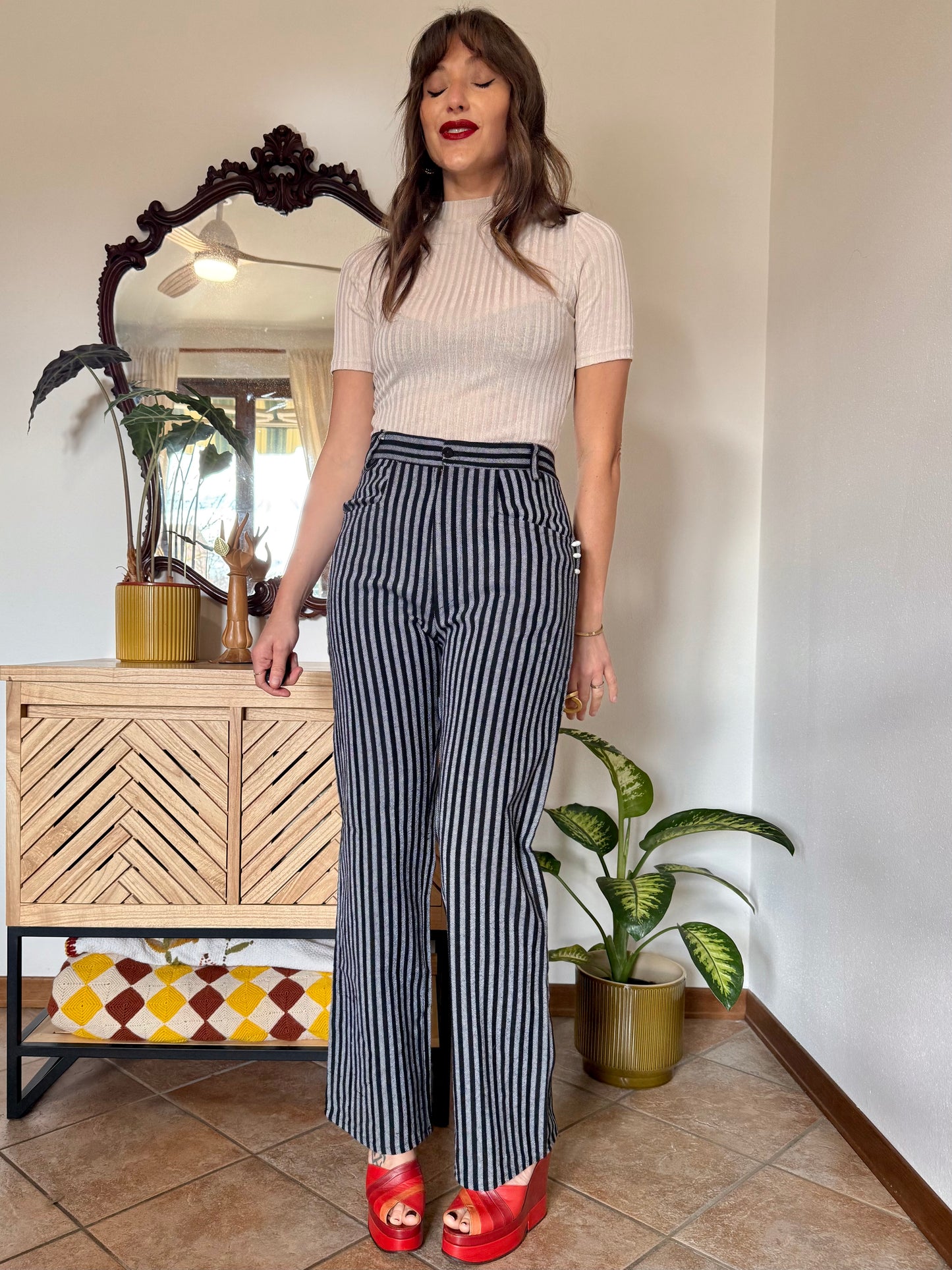 1970's vintage black and white vertical stripe wide leg trousers