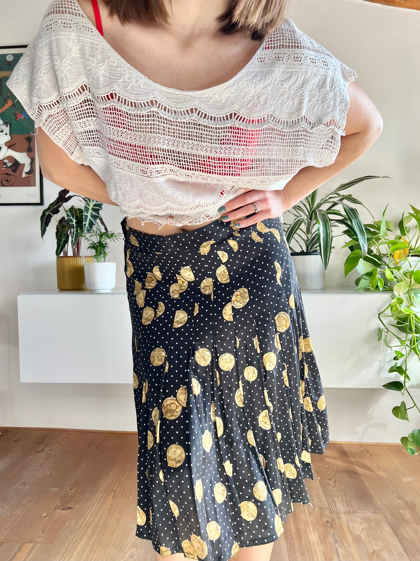 1970's vintage black and white polkadot pleated silk midi skirt with coin motif