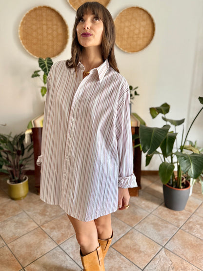 1990's vintage oversize white shirt with pink and tan vertical stripes