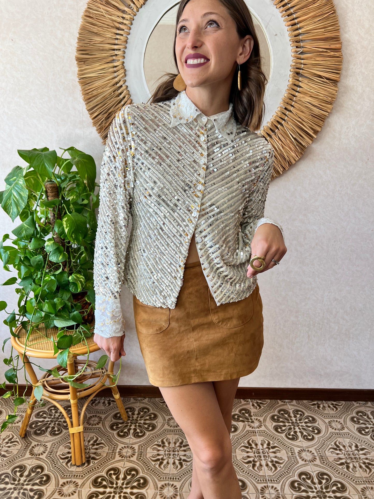 1990's vintage silver and gold sequin blouse with glass bead details