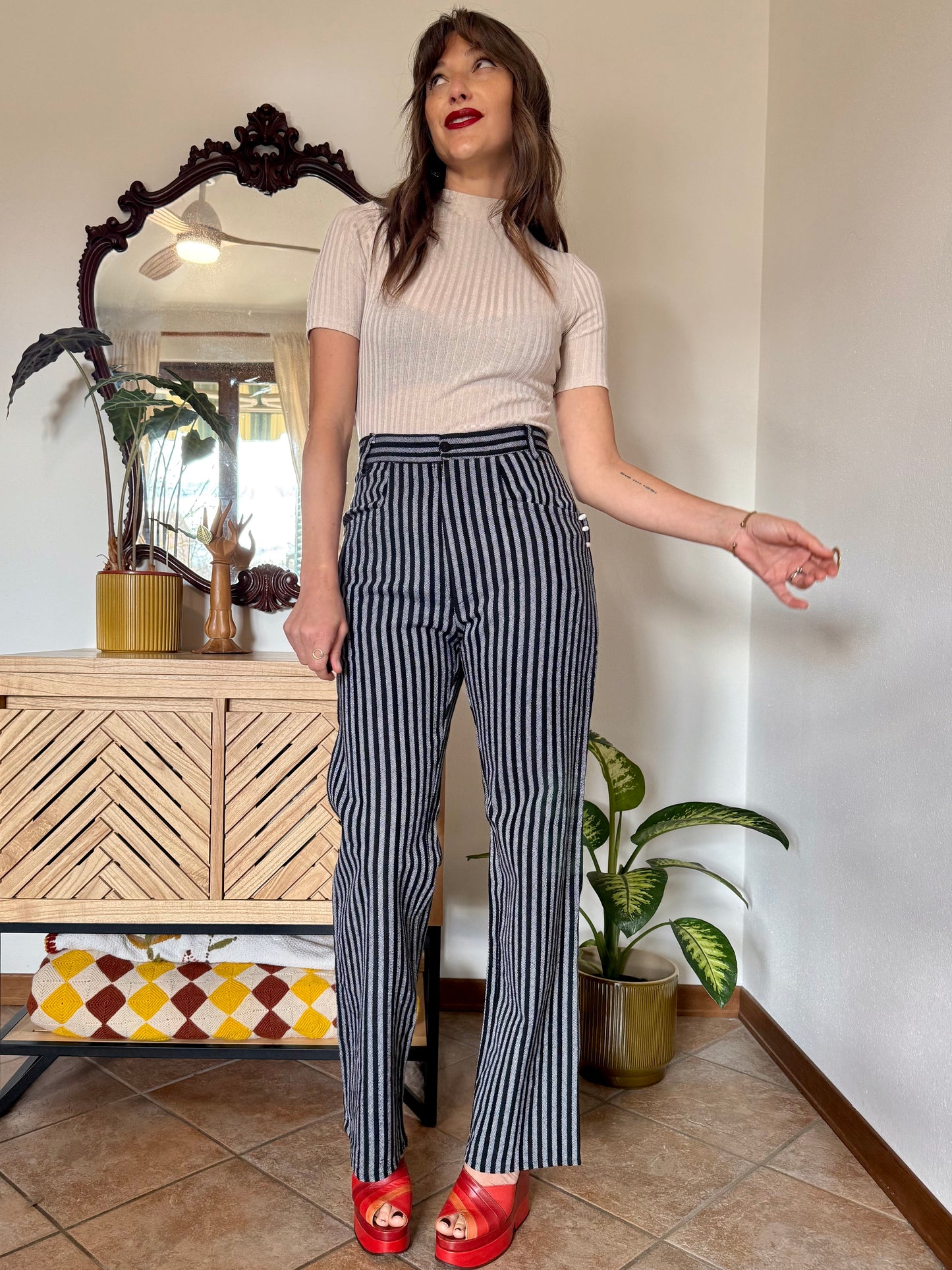 1970's vintage black and white vertical stripe wide leg trousers