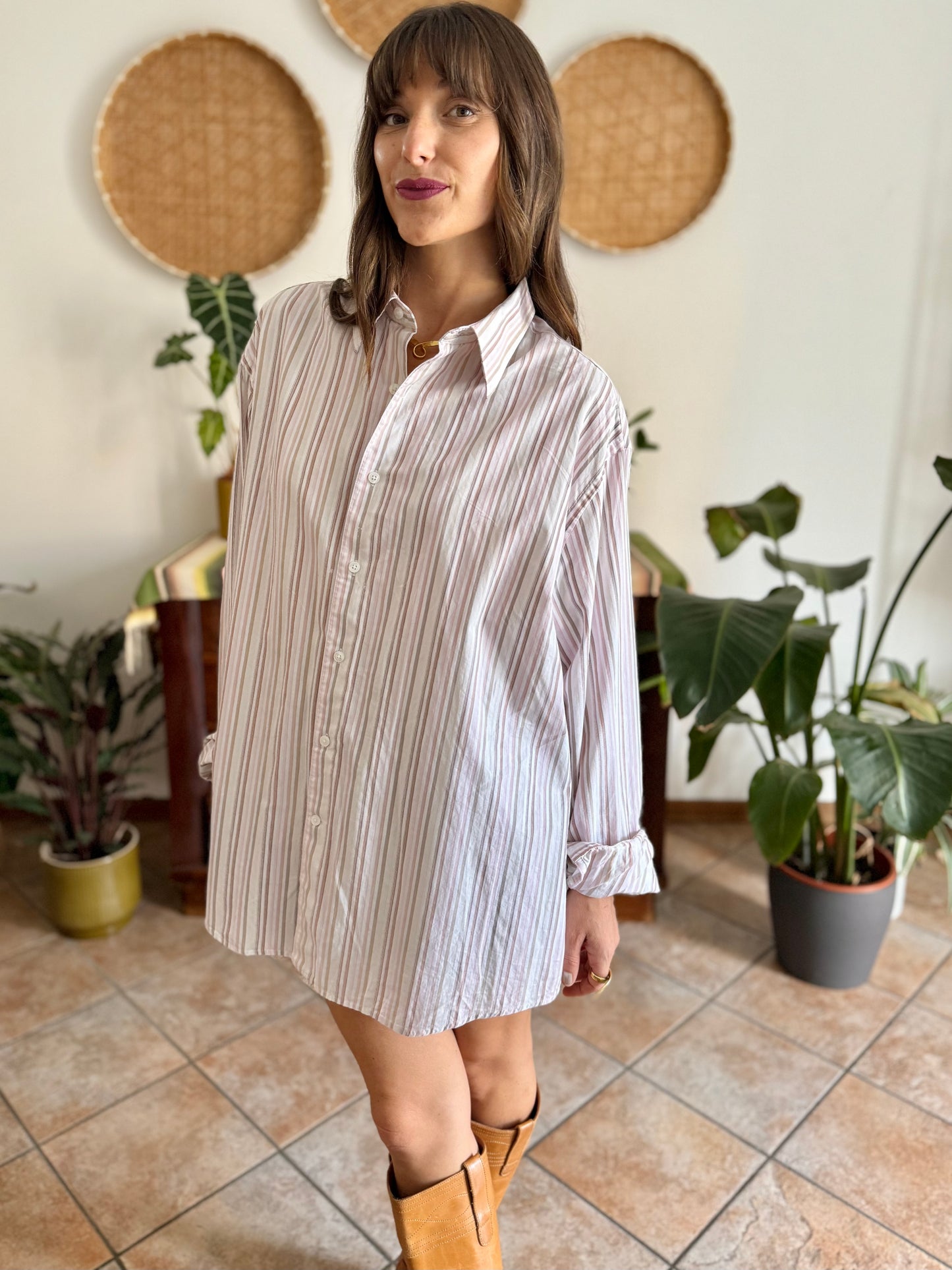 1990's vintage oversize white shirt with pink and tan vertical stripes