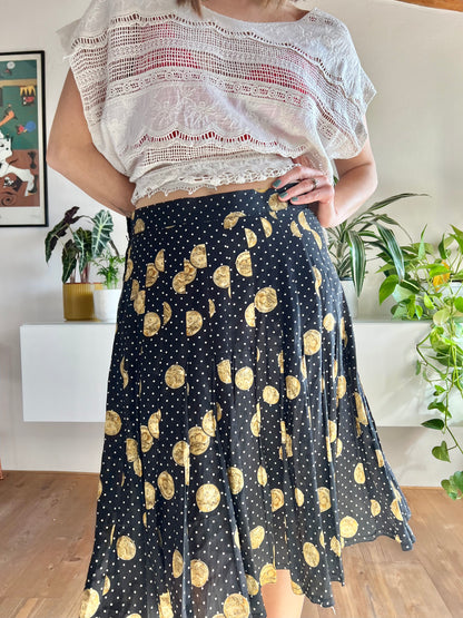 1970's vintage black and white polkadot pleated silk midi skirt with coin motif