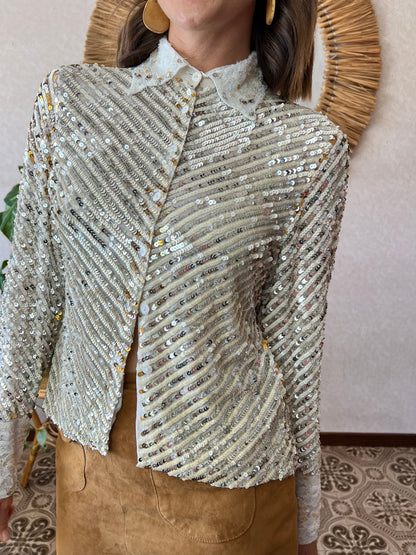 1990's vintage silver and gold sequin blouse with glass bead details