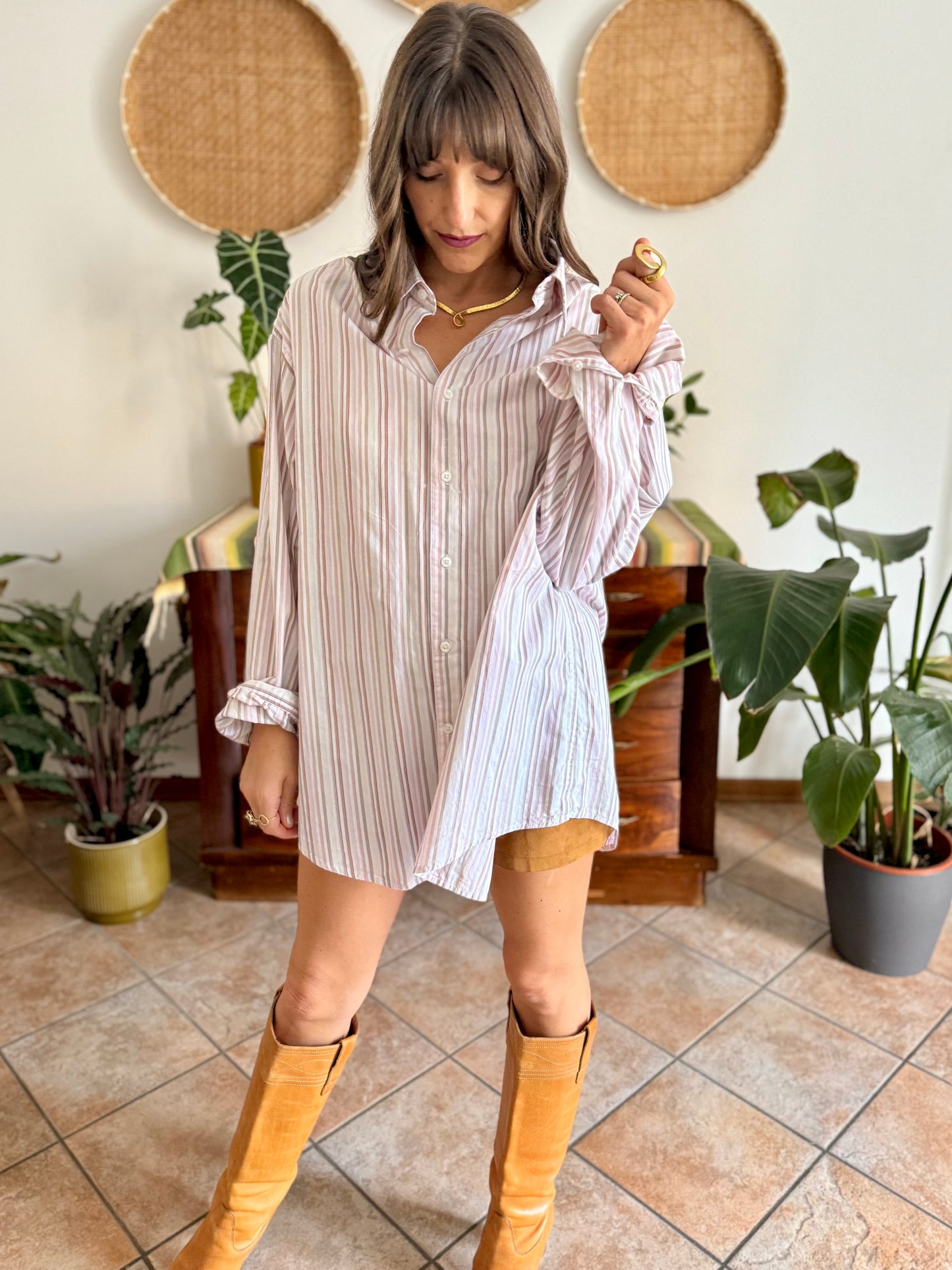 1990's vintage oversize white shirt with pink and tan vertical stripes