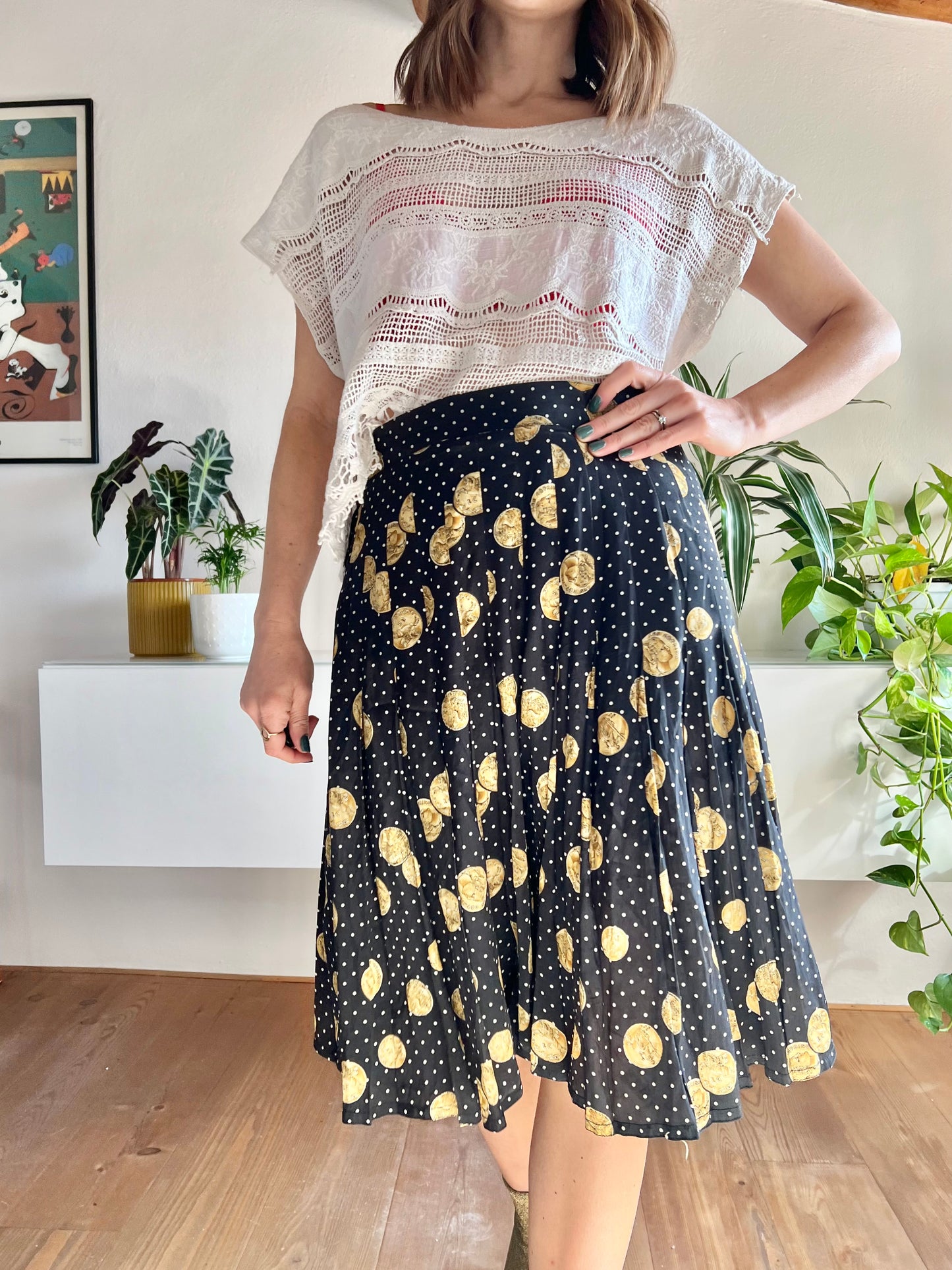 1970's vintage black and white polkadot pleated silk midi skirt with coin motif