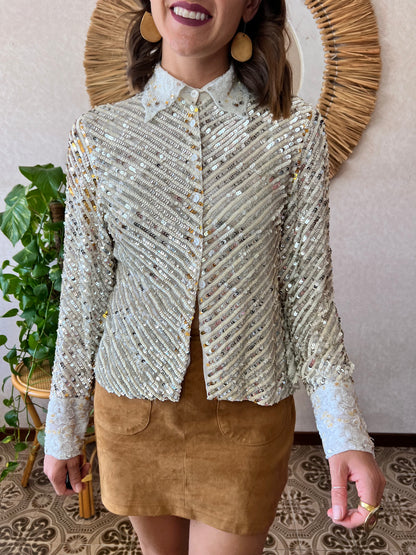 1990's vintage silver and gold sequin blouse with glass bead details