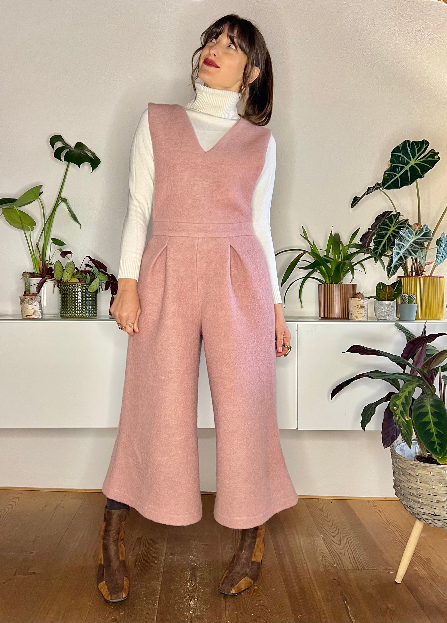 Light pink wool flare leg jumpsuit