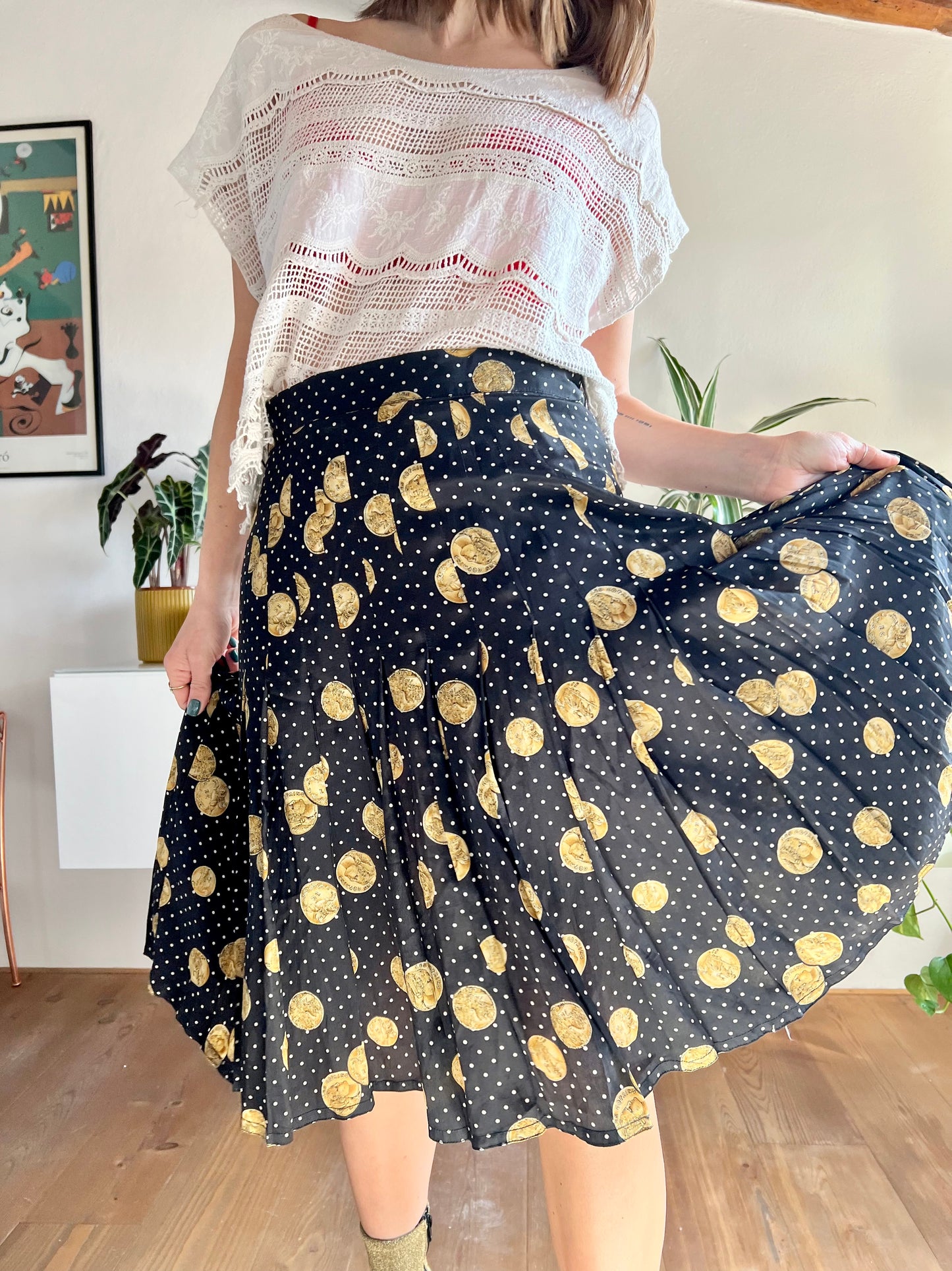 1970's vintage black and white polkadot pleated silk midi skirt with coin motif