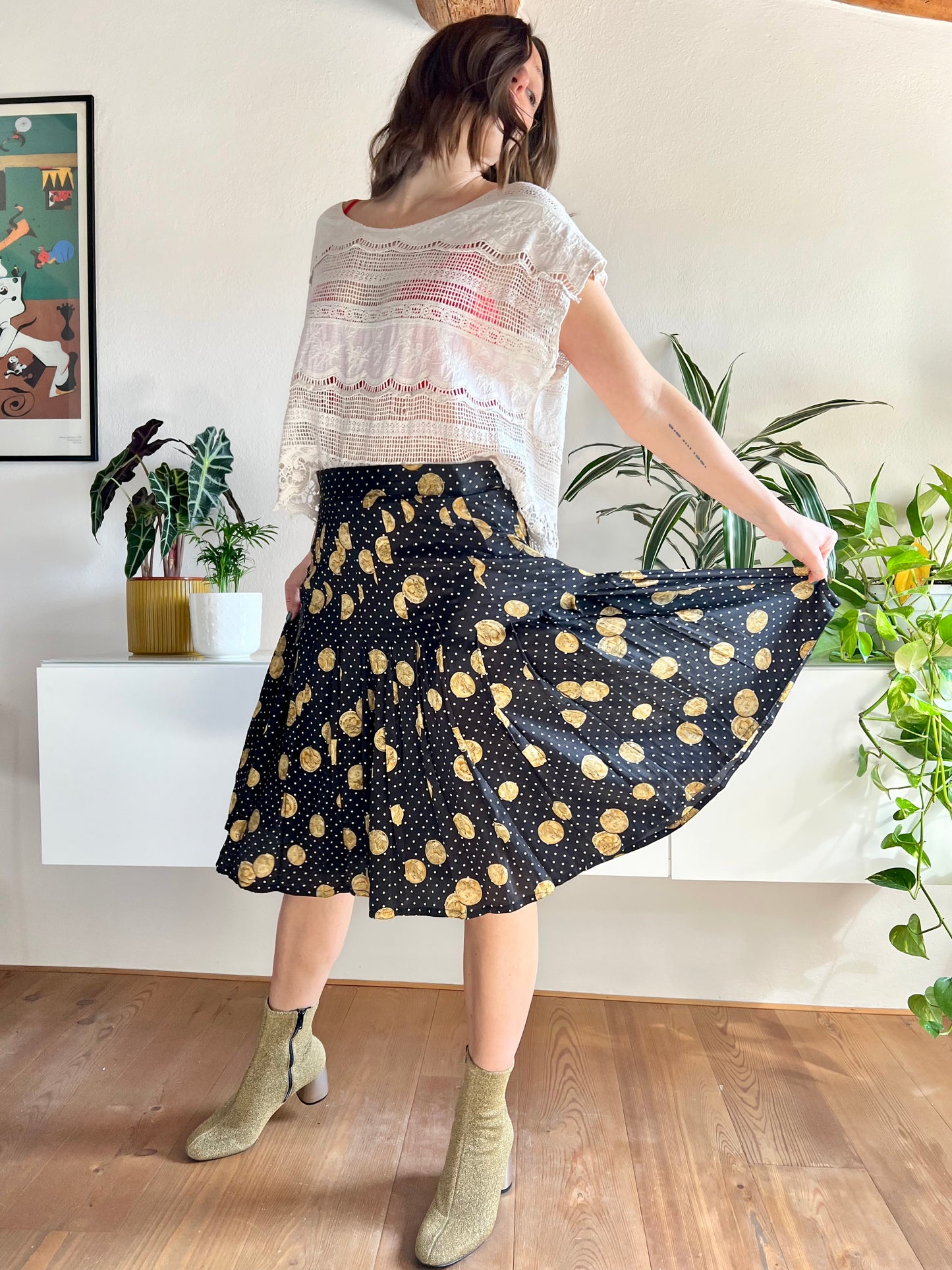 1970's vintage black and white polkadot pleated silk midi skirt with coin motif