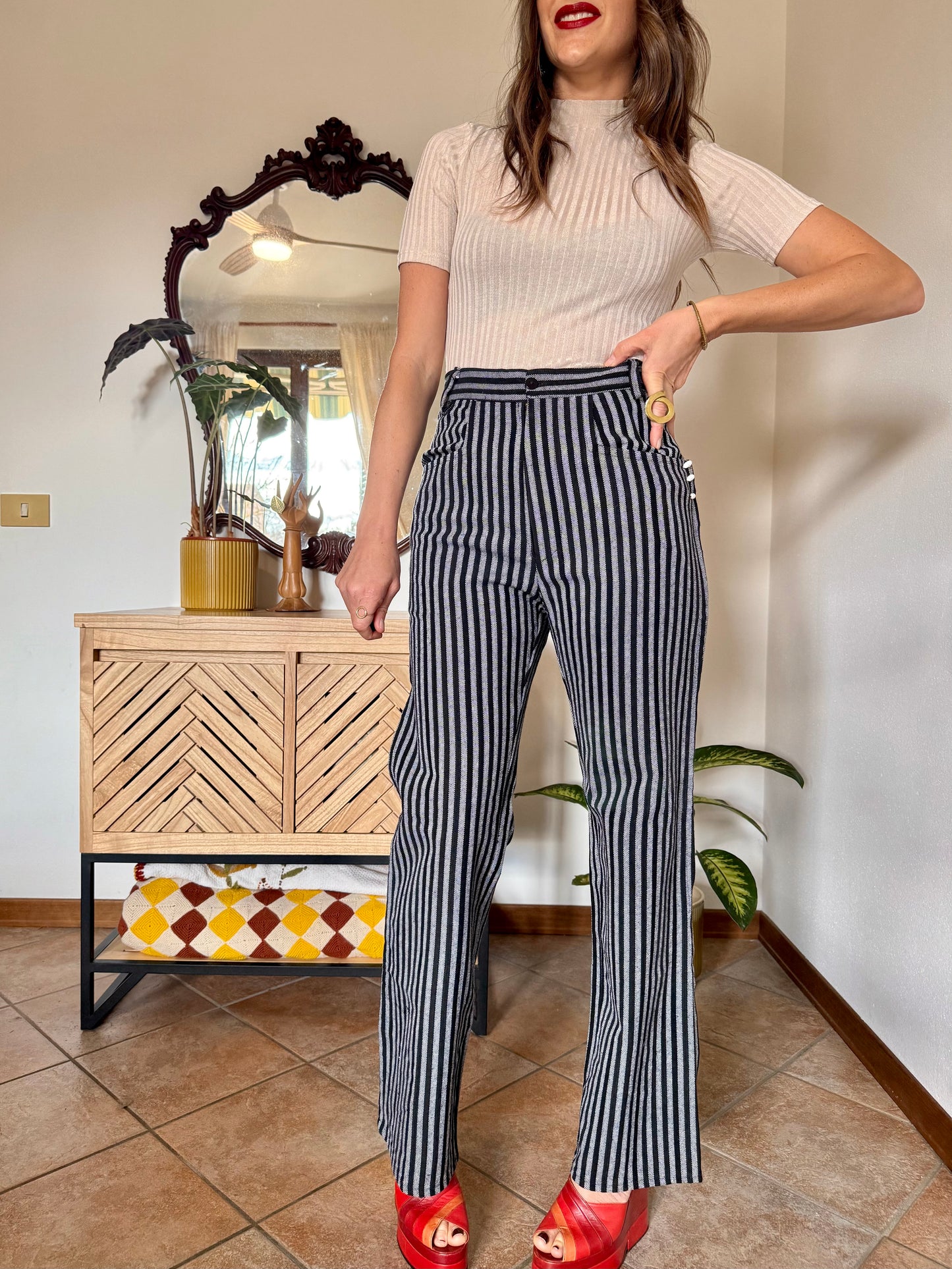1970's vintage black and white vertical stripe wide leg trousers