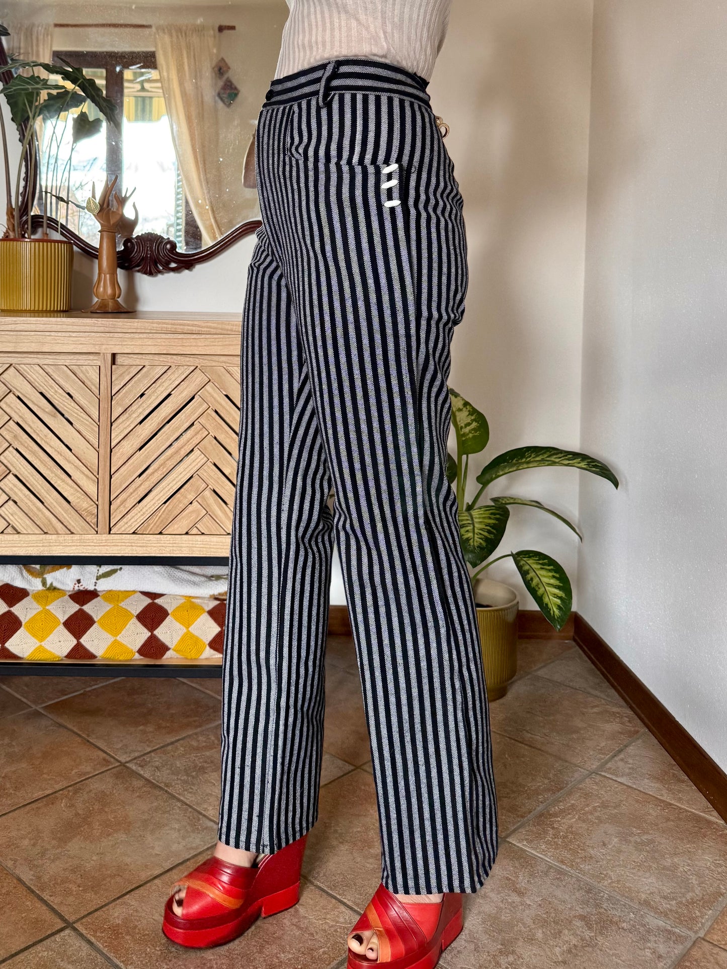 1970's vintage black and white vertical stripe wide leg trousers