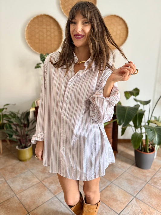 1990's vintage oversize white shirt with pink and tan vertical stripes