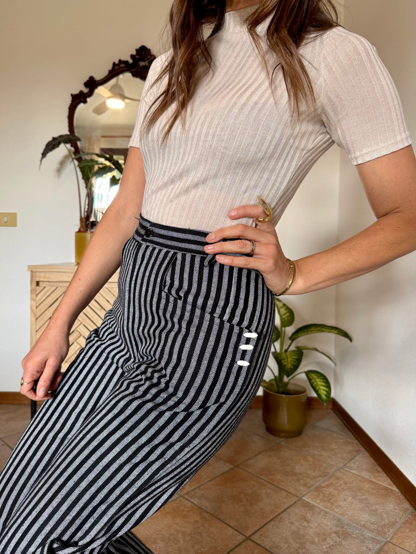 1970's vintage black and white vertical stripe wide leg trousers