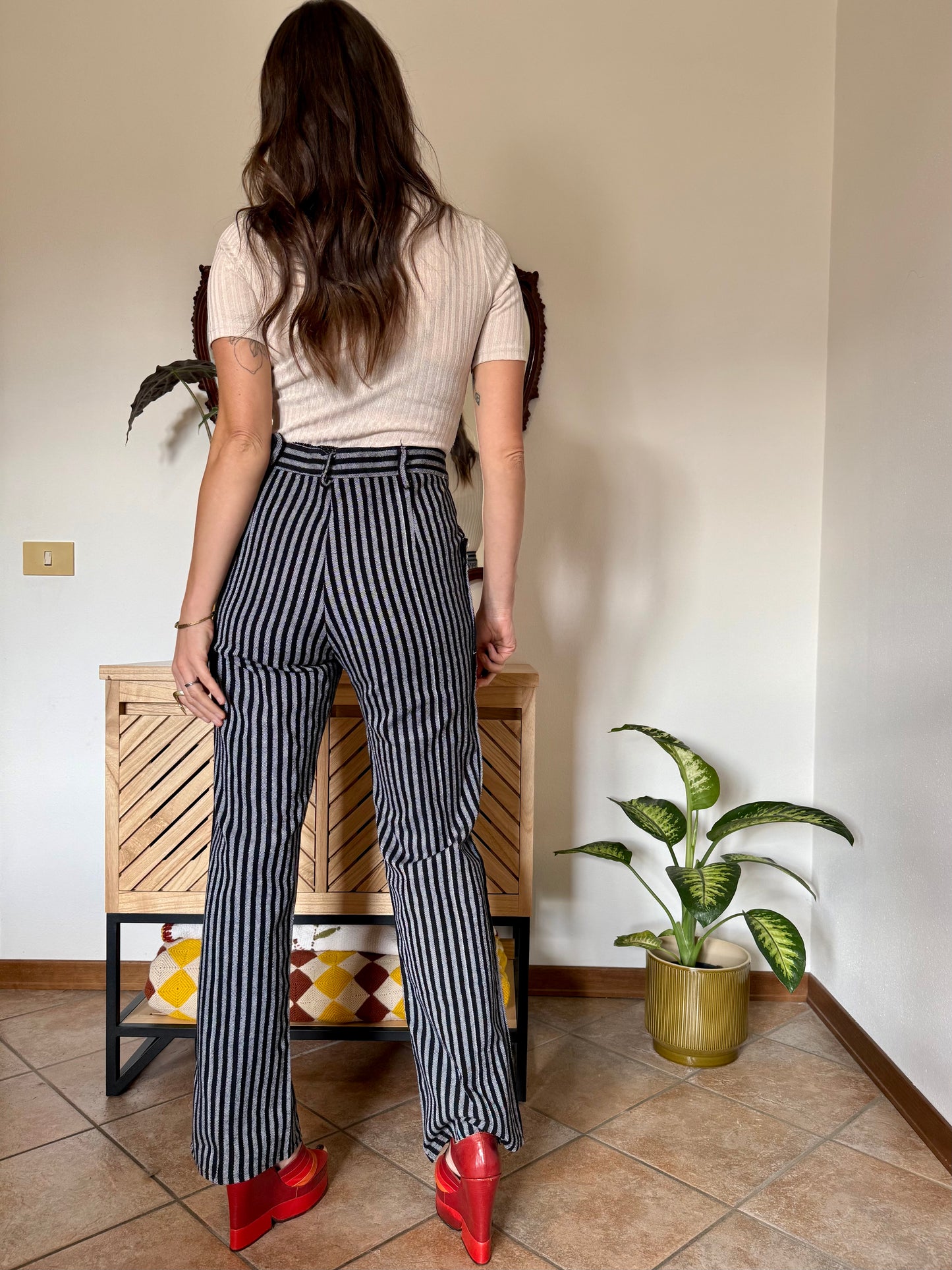 1970's vintage black and white vertical stripe wide leg trousers