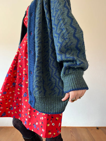 1970's vintage green and blue oversize geometric wool cardigan