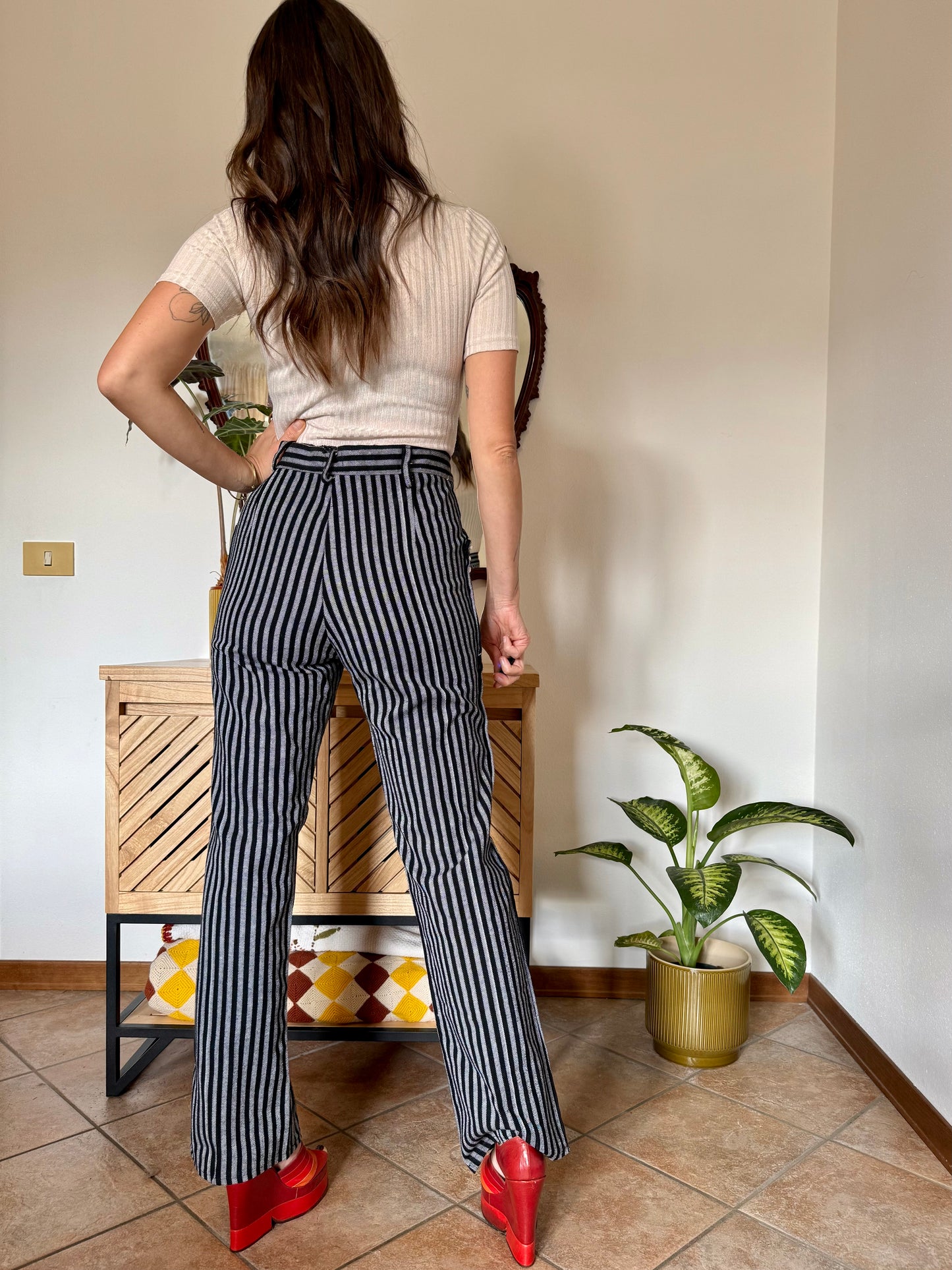 1970's vintage black and white vertical stripe wide leg trousers