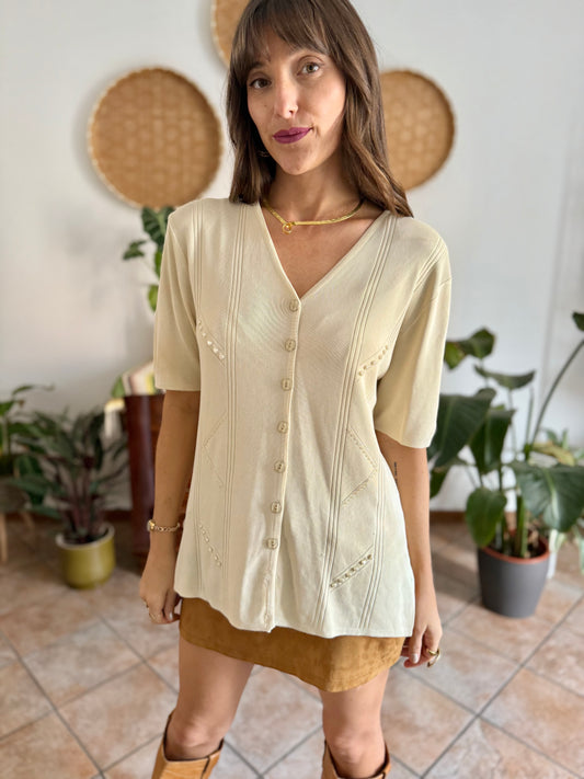 1990's vintage beige silk blend knit top with heart and glass bead details