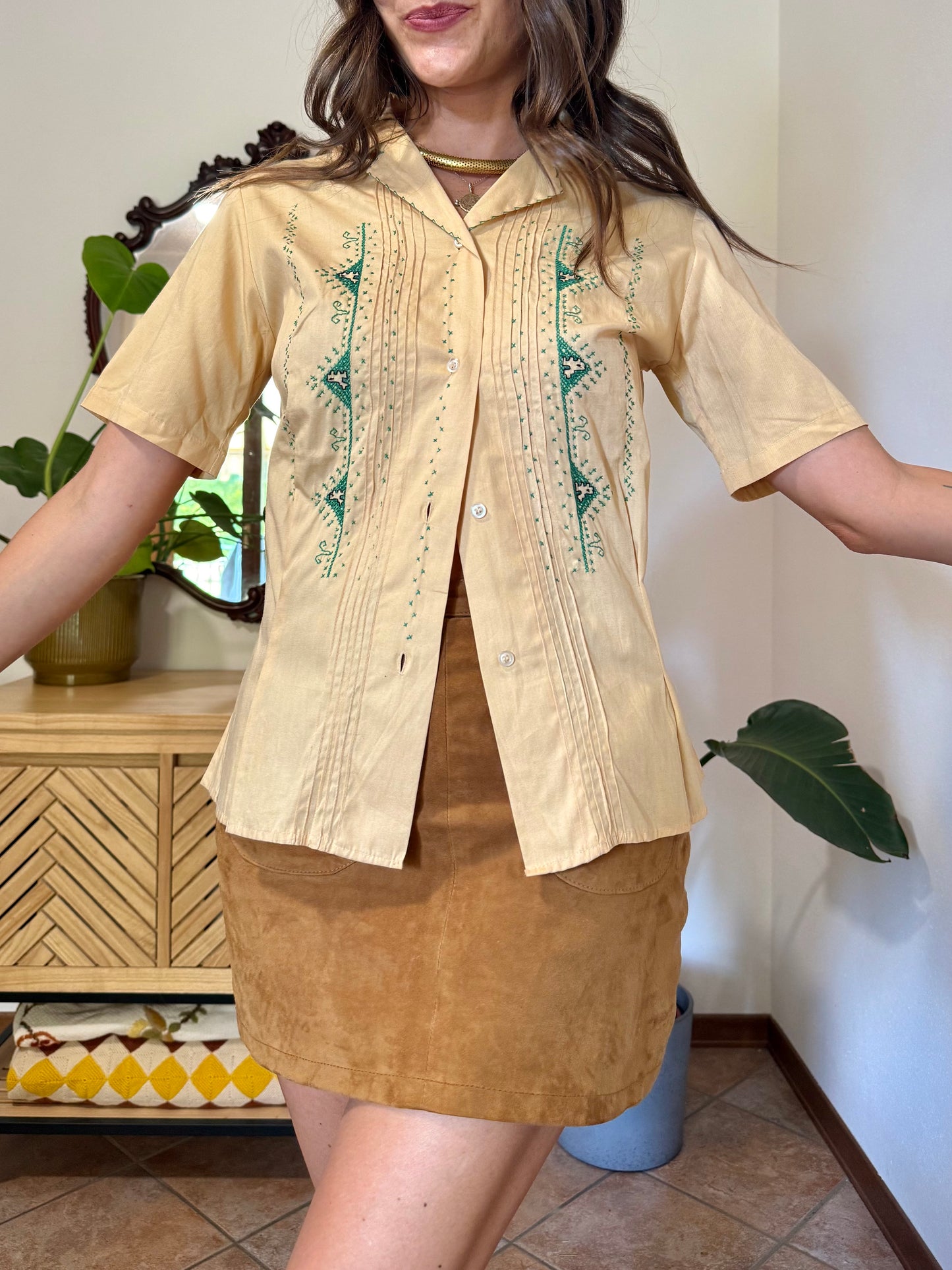 1970's vintage beige blouse with green and brown hand embroidery