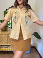 1970's vintage beige blouse with green and brown hand embroidery