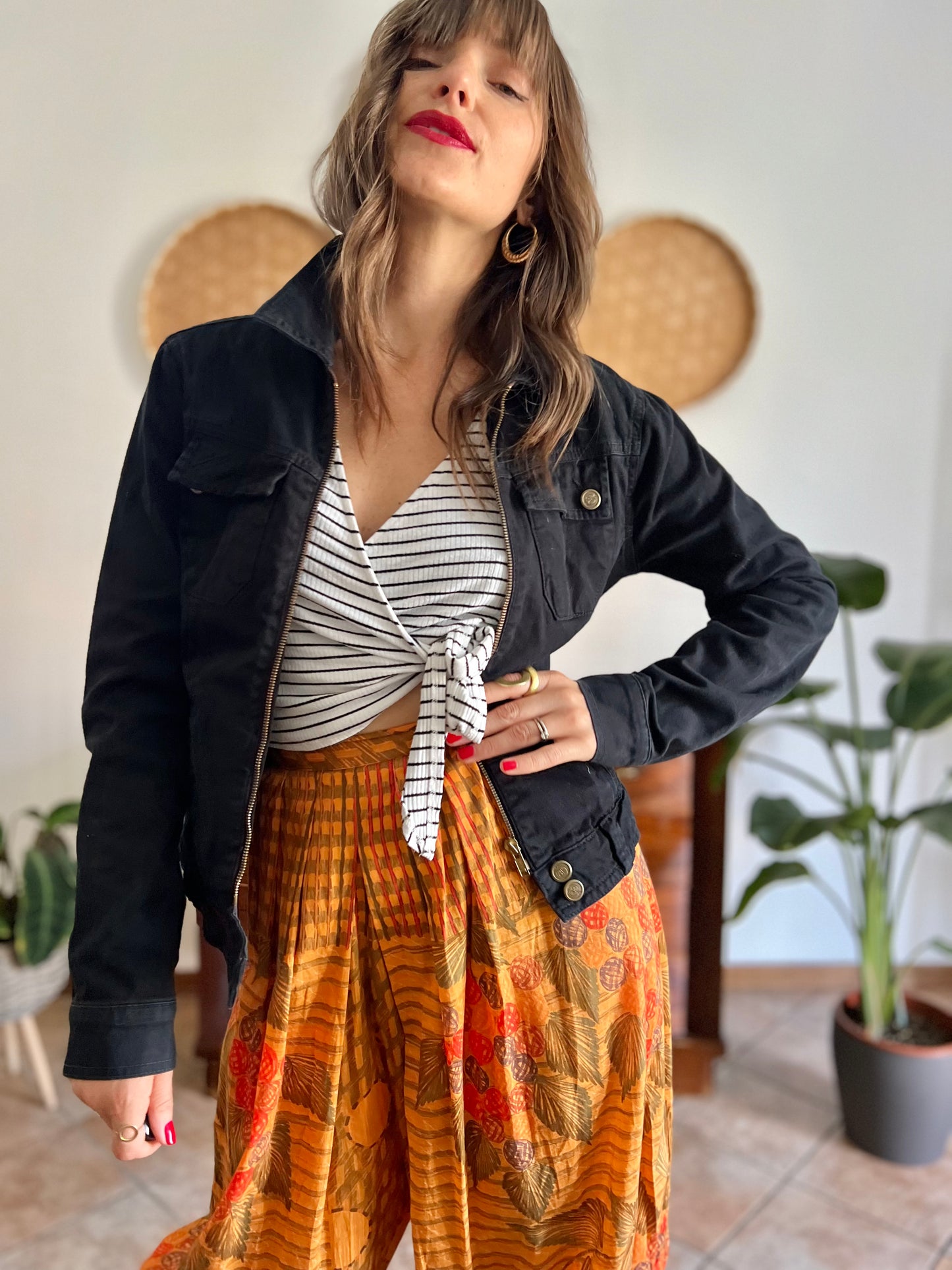 Y2k vintage black denim jacket with brass zip details