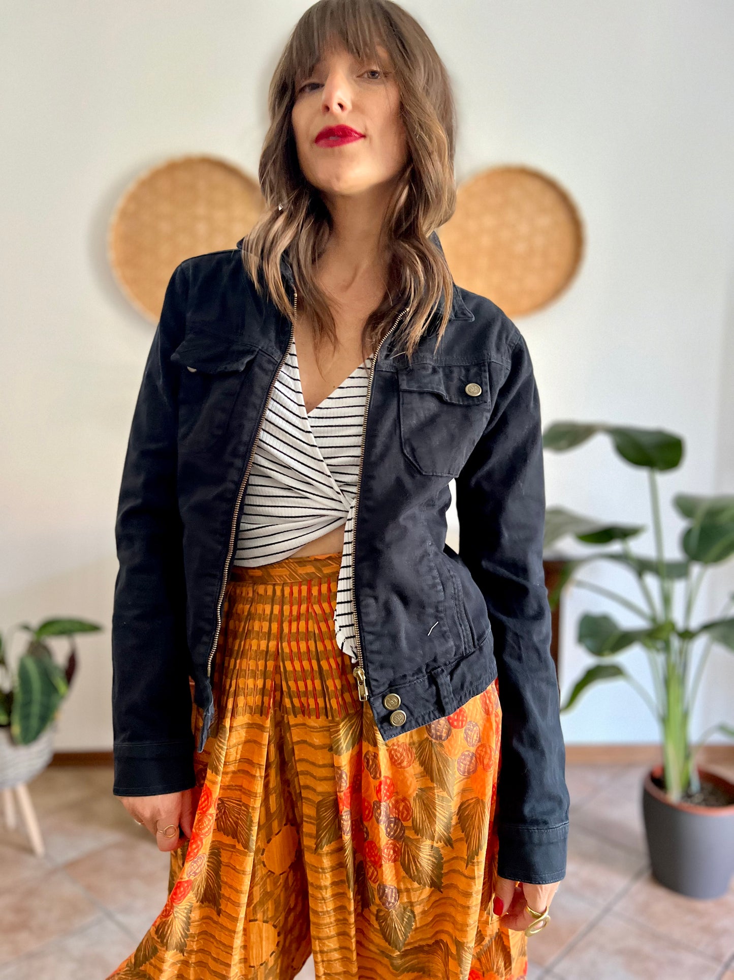 Y2k vintage black denim jacket with brass zip details