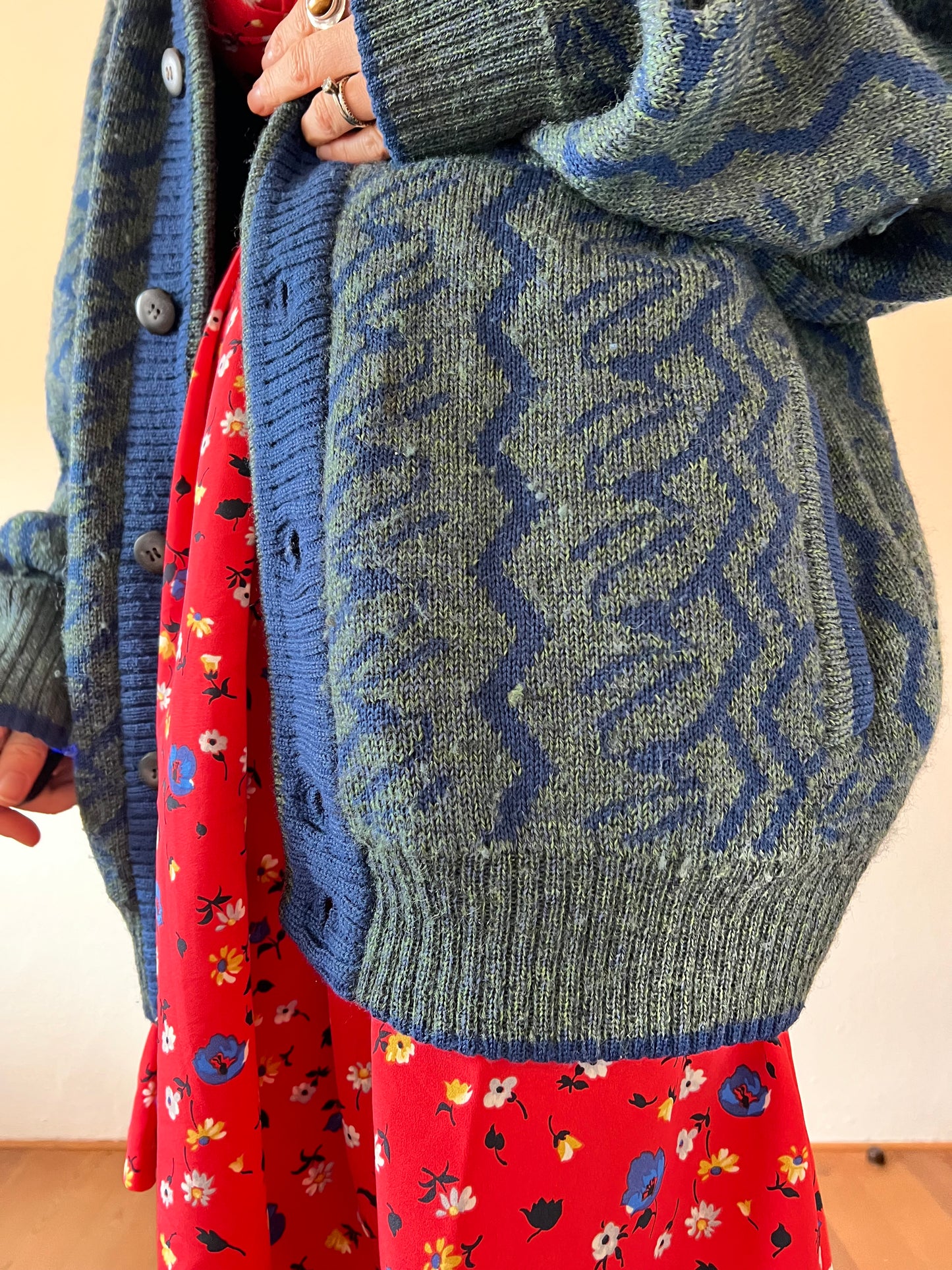 1970's vintage green and blue oversize geometric wool cardigan