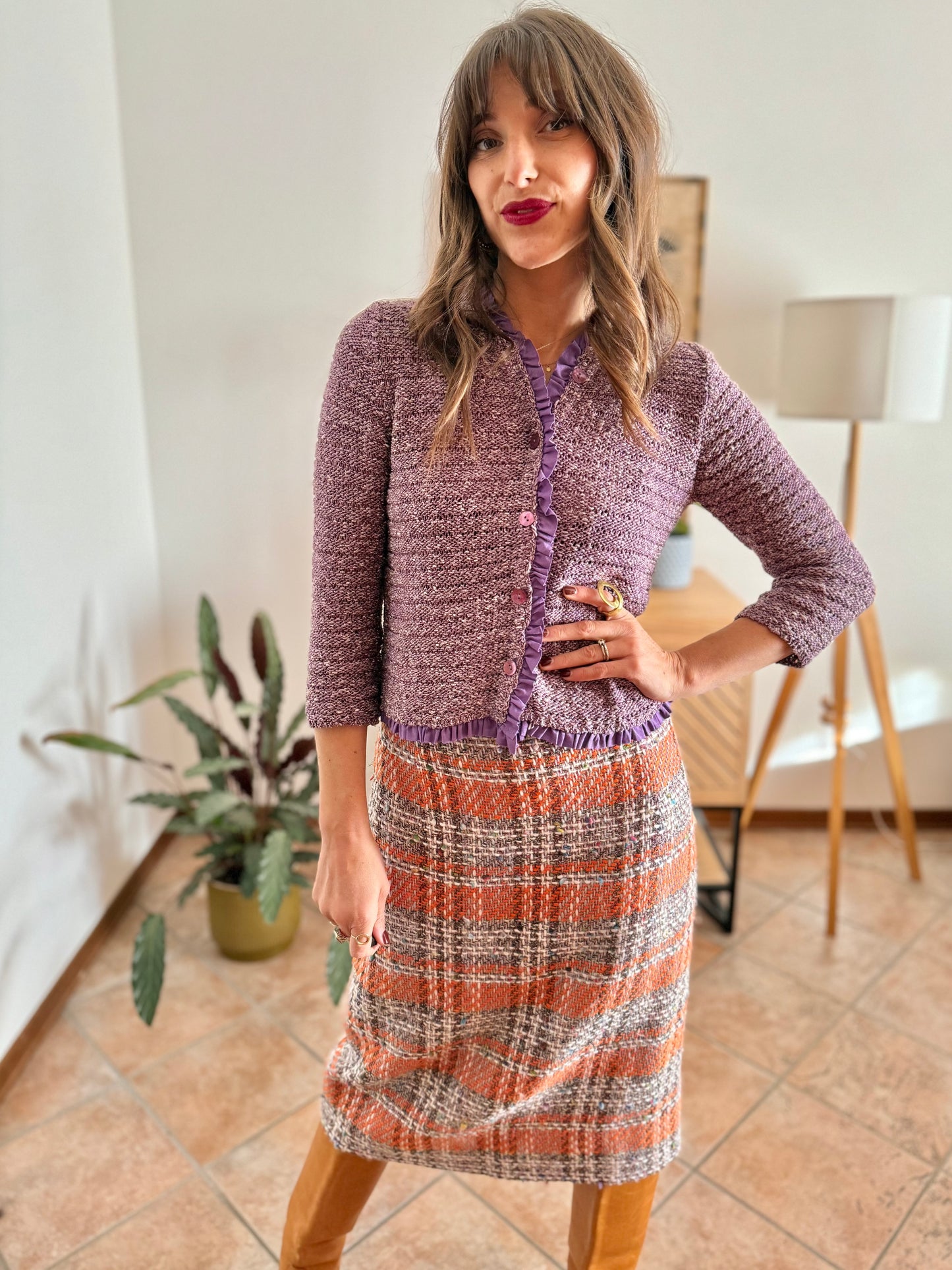 Y2k vintage lavender knit cardigan with ruffle trim