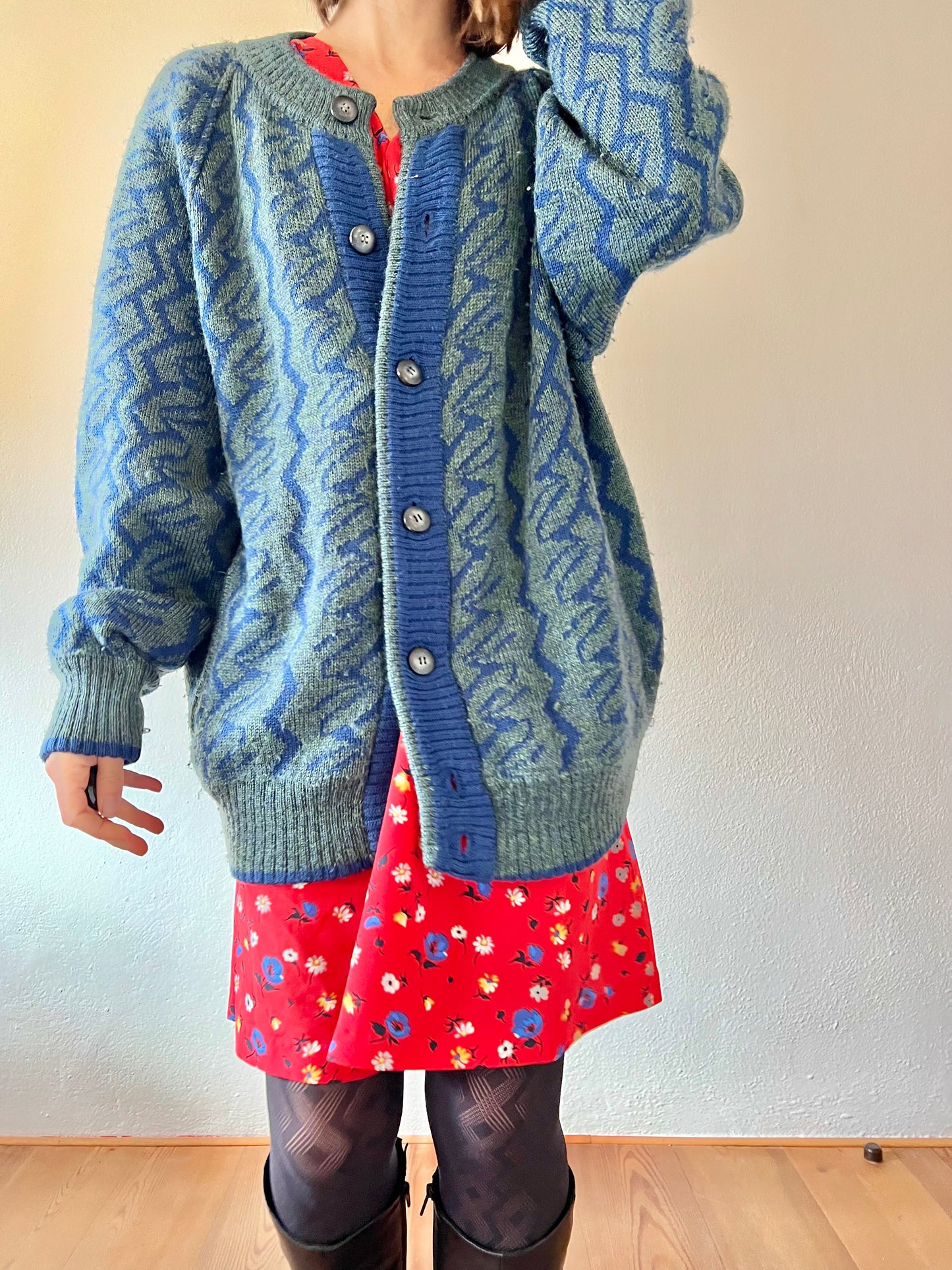 1970's vintage green and blue oversize geometric wool cardigan