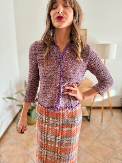 Y2k vintage lavender knit cardigan with ruffle trim