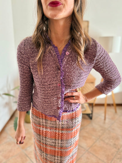 Y2k vintage lavender knit cardigan with ruffle trim