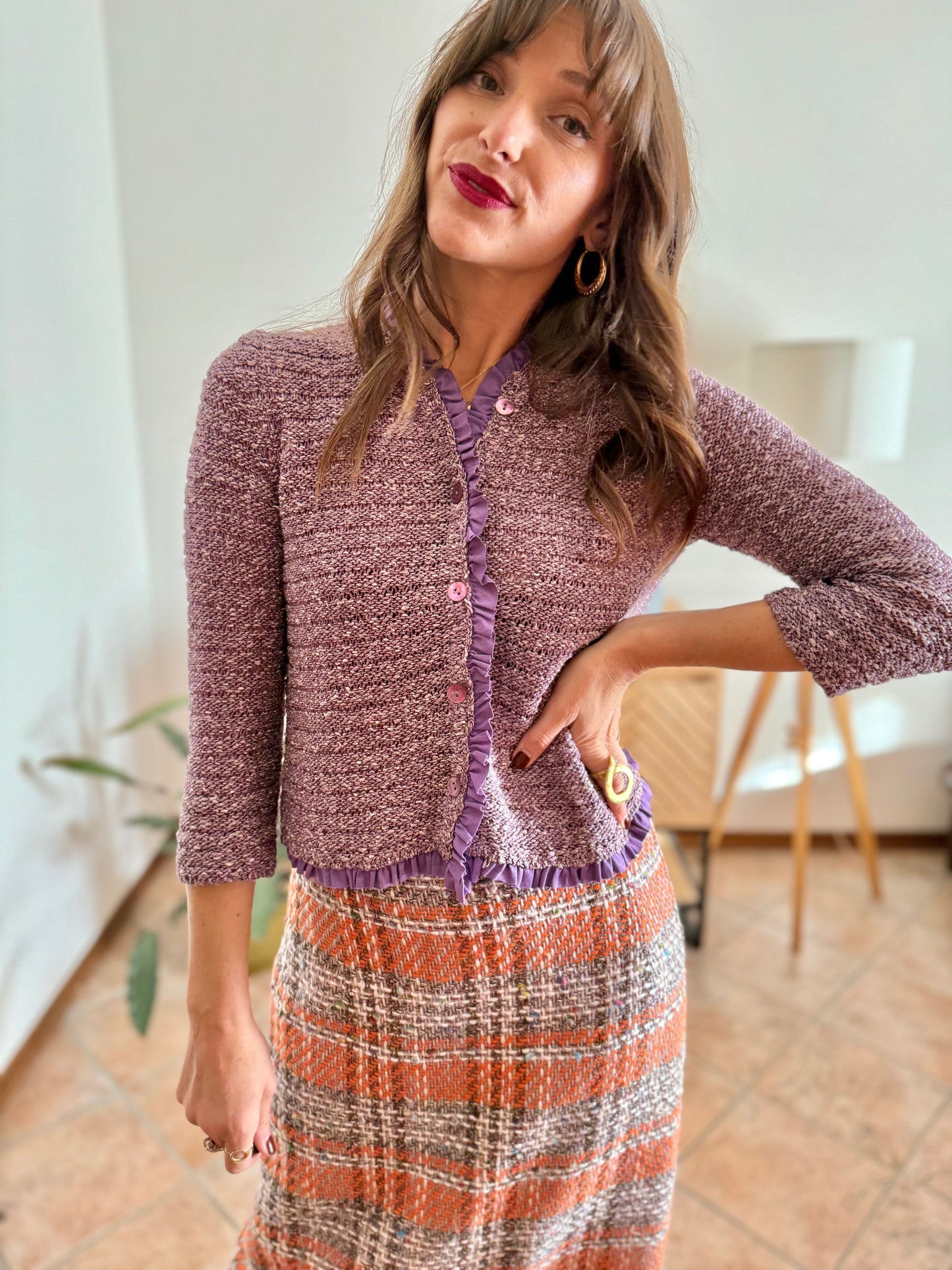 Y2k vintage lavender knit cardigan with ruffle trim