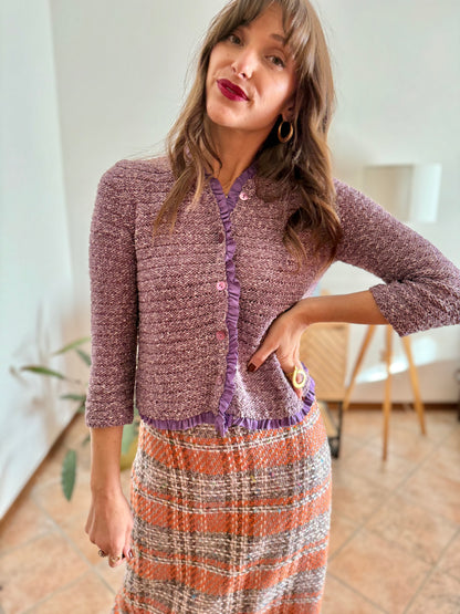 Y2k vintage lavender knit cardigan with ruffle trim