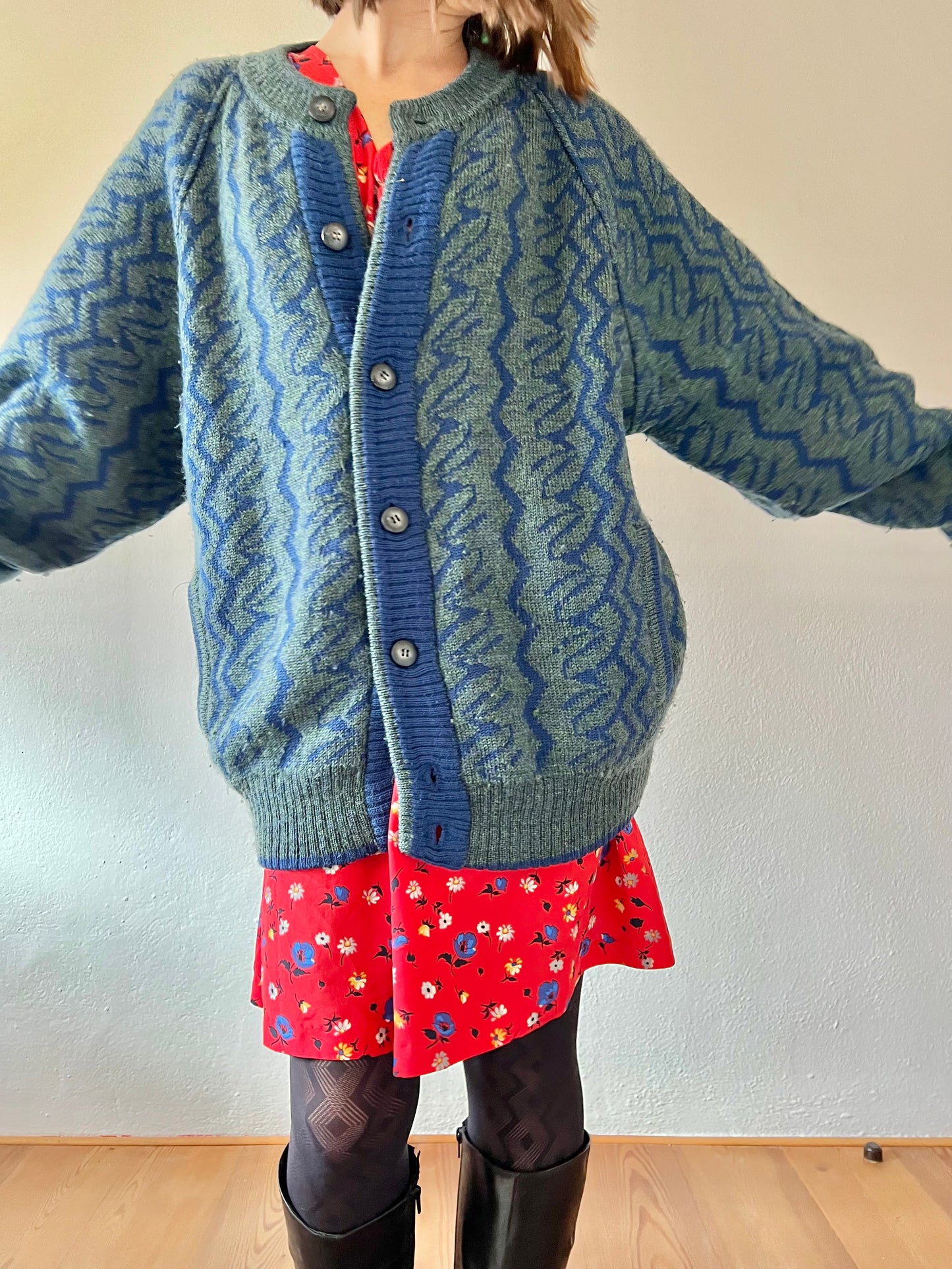 1970's vintage green and blue oversize geometric wool cardigan