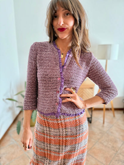 Y2k vintage lavender knit cardigan with ruffle trim
