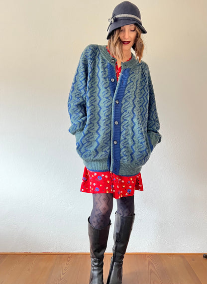 1970's vintage green and blue oversize geometric wool cardigan