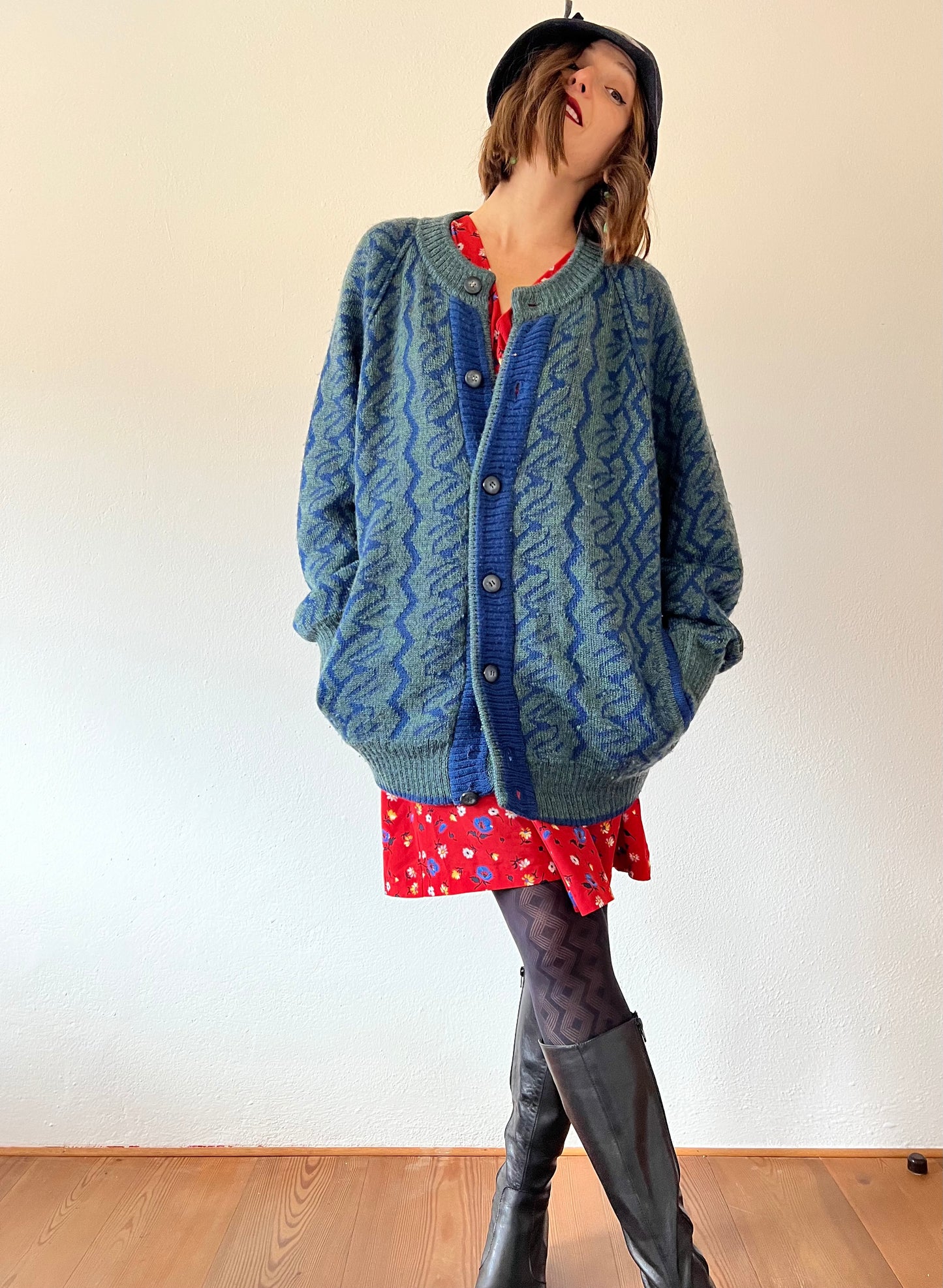 1970's vintage green and blue oversize geometric wool cardigan