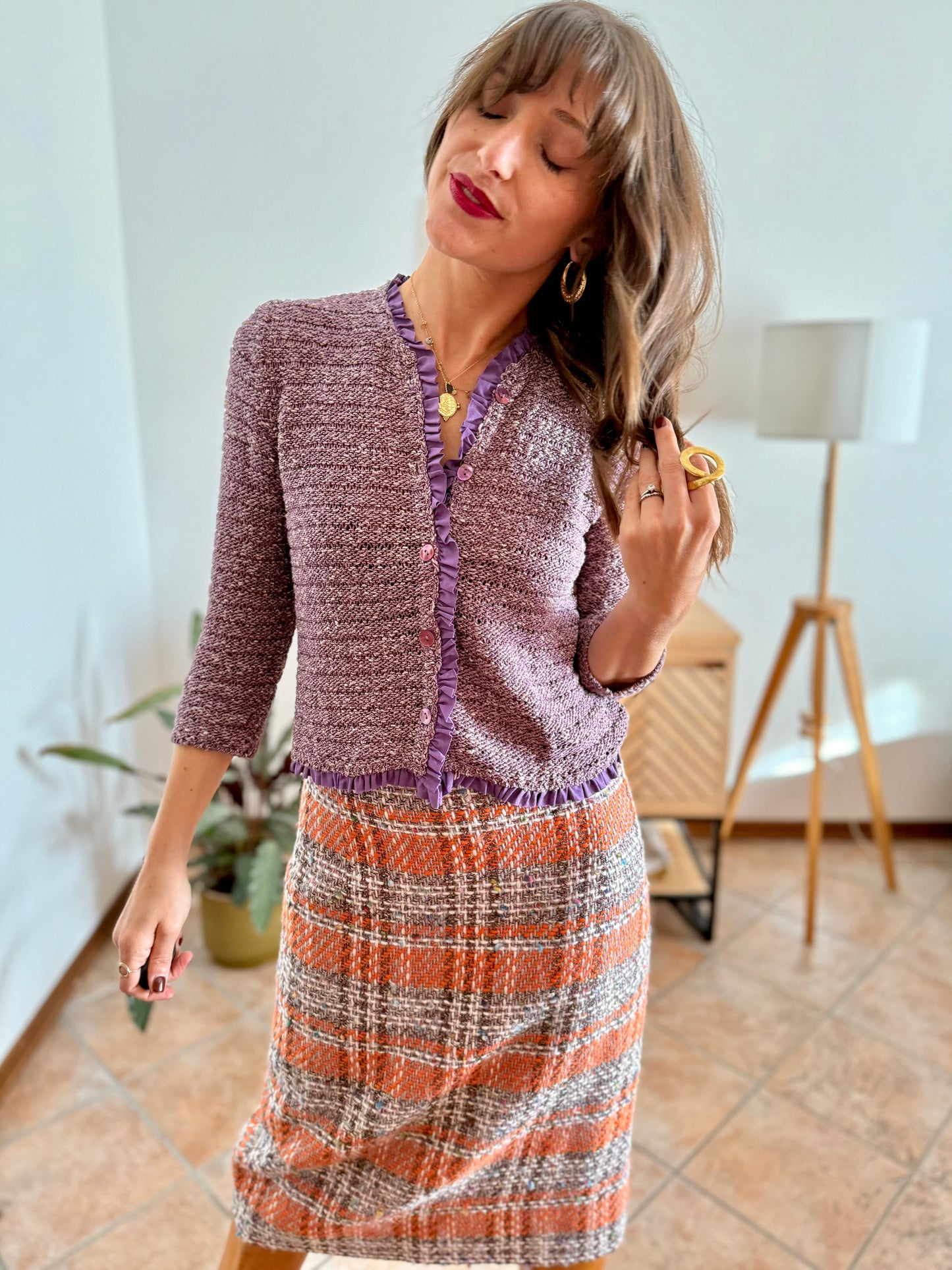 Y2k vintage lavender knit cardigan with ruffle trim